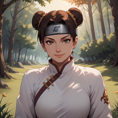 score_9, score_8, BREAK, dark brown hair, hair in twin buns, double buns, maroon loose high-waisted martial pants, curtain bangs, forehead protector, white shirt, black gloves, white chinese martial arts top, maroon sweatpants with side slits, brown eyes, sexy pose, self portrait, smile, outdoors, sunlight, shadows, evening lighting, natural lighting, forest, trees, grass, orange sky, sunset