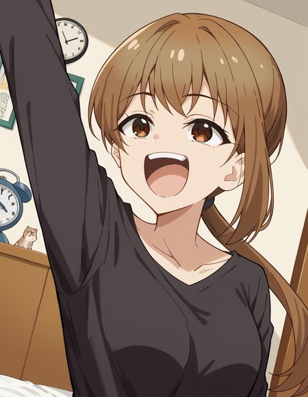 score_9, score_8_up, score_7_up, source_anime, <lora:shikanoko-ukai-s1-ponyxl-lora-nochekaiser:1>, ukai, bangs, brown hair, brown eyes, ponytail, medium breasts,, shirt, black shirt, long sleeves, collarbone, pants,, bedroom, alarm clock, morning routine, yawning, stretching, on bed,, smile, , smug, solo,, cowboy shot, dutch angle