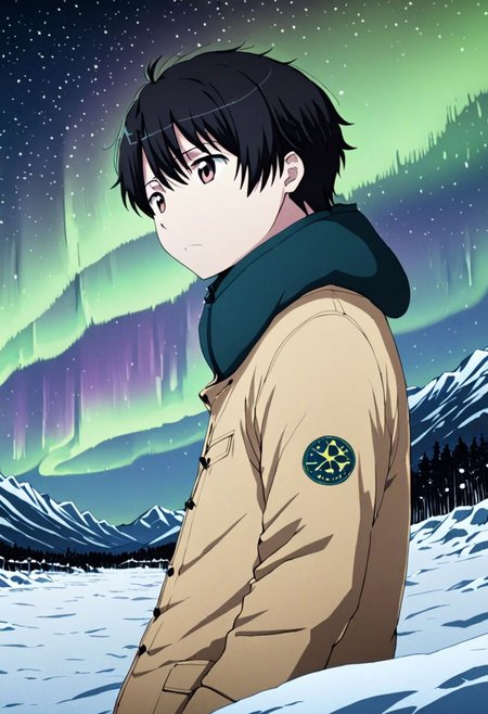 high resolution, solo, best quality, 1Boy, Inaho Kaizuka, Black Hair, winter, Northern Lights, Stargazing, OverallDetail