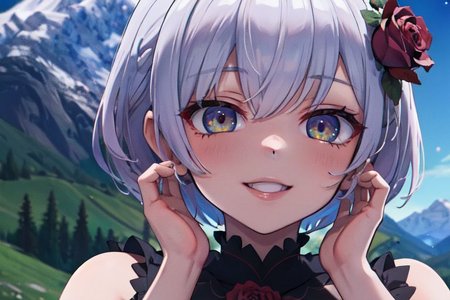 (masterpiece:1.4), 4K8K, (anime style), (high shutterspeed:1.4), (sharp edges), 
SyFyEye1, 
1woman  hands togather,  leaning foward, face focus, smile, 
wearing Celtic style dress, (Detailed face, Detailed eyes), 
any colored roses, Alps in the background,