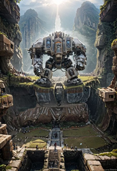 (Huge  mecha robots WITH NION totem carry huge stone blocks:1.5), 
(Ancient megalithic civilization, Azka Lines, on Easter Island:1.1), (The colonial city of the future, in the mist-filled Grand Canyon, on an unknown Earth-like planet, 2 moon on sky, Spaceship flight connects colonies, waterfulls:1), (Machu Picchu, a mountain settlement, incredibly spectacular:1),  (avant-garde, future, reality, science fiction, photorealistic), White limestone with black granite, fountain, waterfall, landmark, square, path, narrow street, (Large Files, Ultra Realistic, 8K, 16k, FHD, HD, VFX, Perfect, Photography, composition, Architecture Sales Photography, Architecture Competition, Ultra High Resolution, Cinematography, High Resolution Image:1), (dramatic lighting, direct sunlight, ray tracing, clear shadow:1), (real landscape:1), (blurred background:1.0), (urban background, more_details) ,
extremely detailed, industrialbuilding, drdnght machine, spstation, mayamaze, caveruinsAerial