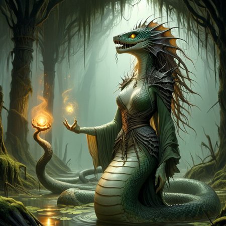 naga, hkstyle, female, casting a spell in a haunted swamp