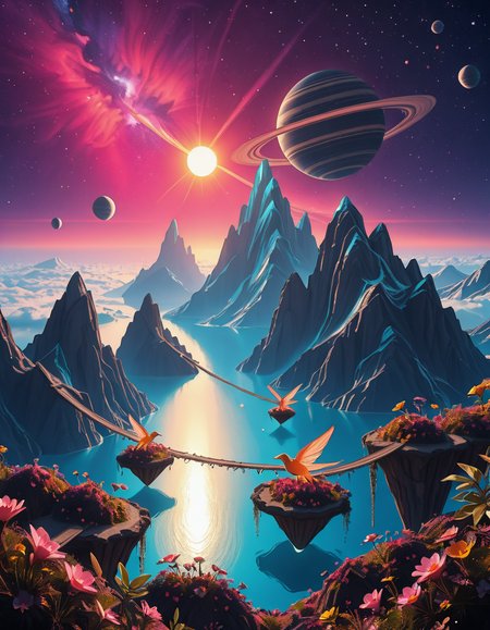 A breathtaking, high-resolution photograph of a celestial paradiseâa stunning, habitable planet floating in the vastness of space. The sky is a mesmerizing blend of deep purples, blues, and pinks, illuminated by twin suns casting golden light over the landscape. Towering crystal mountains shimmer in the distance, reflecting the vibrant hues of the nebula-filled sky. A vast, glowing ocean stretches across the horizon, its surface gently rippling with bioluminescent waves. Floating islands covered in lush, alien vegetation hover above the water, connected by natural bridges of luminescent vines. Exotic, radiant flowers bloom in every color imaginable, while gentle, ethereal creatures with translucent wings glide through the air. In the sky, a massive ringed gas giant looms majestically, its swirling clouds casting soft shadows over the dreamlike terrain. The air shimmers with floating particles of light, creating a surreal, otherworldly ambiance. The entire scene feels like a cosmic utopiaâtranquil, awe-inspiring, and untouched by time.
<lora:SDXLFaeTastic2400:0.4> <lora:extremely_detailed:0.4> extremely detailed,Celestial p4r4d1s3, <lora:Celestial_p4r4d1s3-i:1>, Masterpiece,best quality,hi res,8k,hi res,8k,award winning,(sharp focus, intricate, highly detailed),