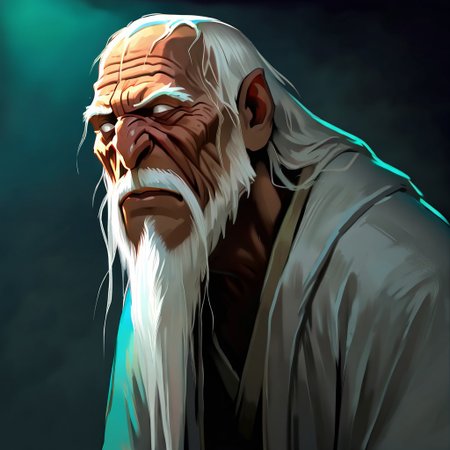 masterpiece, best quality, newest, absurdres, highres, Warbringersstyle-V1.0, male focus, 1boy, dark skin, dark skinned male, white hair, long beard, long hair, monk, white robe, white eyes, blind eyes, wrinkles, wrinkled face, wrinkled, wrikly, old, mature, old man