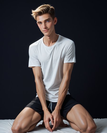 score_9, score_8_up, score_7_up, score_6_up, score_5_up, score_4_up, rating_questionable, 
<lora:Jabstyle_AMXLV1:1>,Jabstyle,
intricately detailed, photo studio with black backdrop, black background,
1boy(human, glistening skin, handsome, sexy, seductive, posing, looking at the viewer, friendly expression, kneeling,
pale skin, european, blond hair, 
twink, slender, 
loose t-shirt, shorts),
depth of field, 
<lora:xl_more_art-full_v1:0.4>,
<lora:add-detail-xl:0.4>