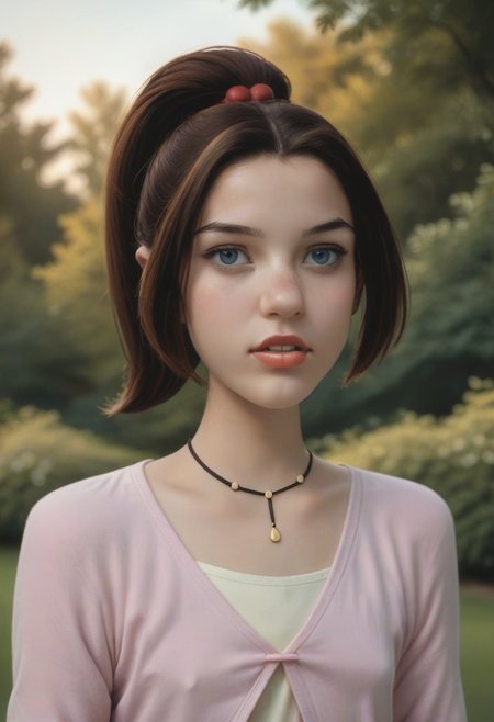 score_9, score_8_up, score_7_up, realistic photo of ktprd, 18-year-old 1girl, unique angle, unique framing, upper body,  face focus, (looking at viewer), parted lips, 1girl, brown hair, high ponytail, orange lips, blue eyes, cord necklace, pink one-button cardigan, cream t-shirt, by loish, masterpiece, lips parted, slim figure, petite, (outdoors, park, blurred background, shadowed background), side lighting, warm lights