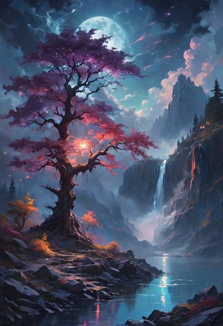 Under the eerie glow of a full moon, a dark and ominous landscape unfolds. A vibrant, colorful tree stands by the edge of a serene lake, its vivid hues contrasting starkly with the foreboding atmosphere. In the background, a waterfall cascades down jagged rocks, the water glistening in the moonlight. Thick, swirling clouds loom overhead, adding to the sense of an evil presence. The moonlight filters through the clouds, casting an otherworldly glow over the scene. A falling star streaks across the sky, adding a touch of mysticism to the night. The air is thick with a sense of ancient secrets and dark magic, as if the very night is alive with hidden power. [romantic impressionism,dream scenery art,beautiful oil matte painting,romantic,style of thomas kinkade,beautiful digital painting,anime landscape,romantic painting,dreamlike digital painting,colorful painting,beautiful gorgeous digital art,style of greg rutkowski,janek sedlar,jenny saville:0] <lora:vivid_everclear:0.6>  <lora:Sinozick:0.65>