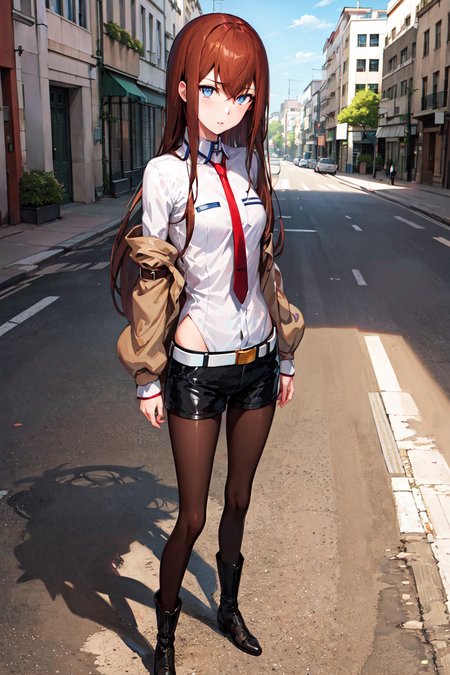 best quality, highres, 1girl, solo, makise kurisu, pantyhose, long hair, brown hair, legwear under shorts, necktie, shorts, jacket, red necktie, black shorts, blue eyes, black pantyhose, boots, belt, <lora:kurisuMakise_v10:0.9>, outdoors, street,