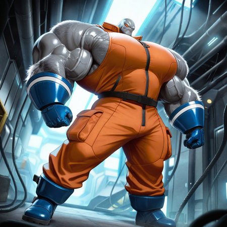 masterpiece, best quality, very aesthetic, cinematic 
lighting, absurdres, dynamic pose, dynamic angle, 1boy, solo, BB Style BREAK grey alien, grey skin, noseless, tall muscular male (hyper, enormous veiny muscles, hyper muscle, hairy, enormous pectorals), sleeveless sci-fi jumpsuit, sci-fi boots, sci-fi gloves, large and wide chin, large alien eyes, frowning, looking at viewer, standing BREAK sci fi room