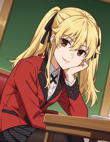 score_9, score_8_up, score_7_up, source_anime, <lora:mary-saotome-s2-ponyxl-lora-nochekaiser:1>, mary saotome, long hair, blonde hair, hair between eyes, twintails, brown eyes, hair ribbon,, skirt, shirt, school uniform, jacket, white shirt, pantyhose, pleated skirt, collared shirt, black pantyhose, blazer, red jacket,, indoors, smile, looking at viewer, solo, sitting, head rest, table,, cowboy shot, dutch angle