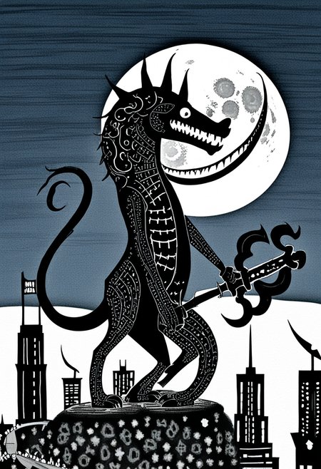 <lora:ink_ahuizotl_sdxl_v1:1.0>, ink_ahuizotl, drawing, an illustration of a dragon with a sword in front of a full moon and a city skyline in the background is a dark blue sky
