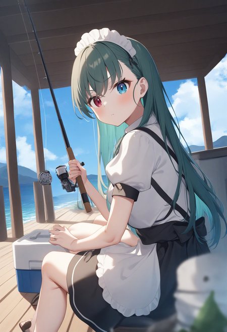 1girl,sincos, ningen mame, toosaka asagi,solo,medium breasts,20yo,maid,maid headdress,
fishing, fishing rod, sky, sitting, day, outdoors, holding fishing rod, cooler, ocean, fishing line,<lora:fishing_XL_v1:0.8>
ceiling, feet out of frame, looking back, green hair, heterochromia,serious,  closed mouth, shiny hair,,
best quality, very aesthetic, absurdres