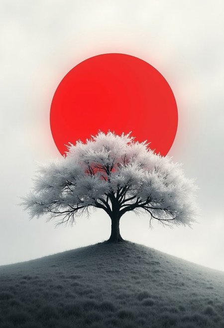 Abstract, white fleecy hill, sprawling black and white tree, red neon disk shining on a white and gray sky, abstract nature, digital art, digital art, ultra detail
