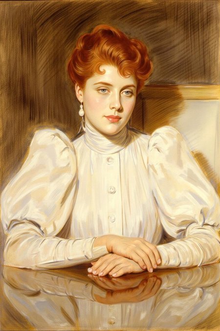 paulcesarhelleu1 illustration. 
A woman with red hair style in an updo, and a calm expression. She is wearing a white blouse with puffy sleeves and is leaning on a table with a polisehd, reflective surface. She is glancing to the right.
 <lora:paulcesarhelleu1_cap_d6a3e11:0.8><lora:844387306501630100:0>