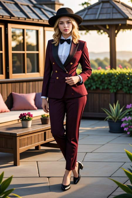 <lora:LCM_LoRA_Weights_SD15:1>,<lora:detail_slider_v4:1.1>,(debonair dapper 24yo old adult gentlewoman, curvy build, medium blonde hair), african, dark skin, black eyes, wearing a fedora, burgundy double-breasted suit, monk strap shoes, bow tie, tie clip,cufflinks, set in a tranquil country manor, featuring a sunlit conservatory, a wrought iron daybed, potted plants, a quaint wooden bench, during sunset,mockup photography, professional presentation, blank, empty,  creative composition, versatile use,  professional lighting, expert styling, high-quality imagery, realistic perspective, accurate representation,