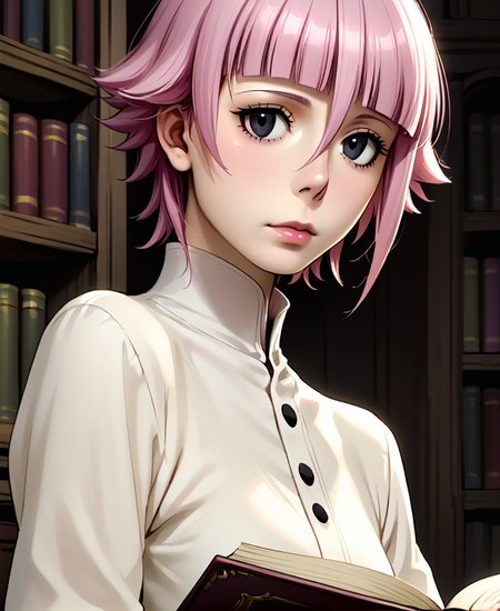 score_9, score_8_up, score_7_up, score_6_up, score_5_up, score_4_up, BREAK source_anime, 
 <lora:soul_eater_pony:0.8>,overall detail,detailed shadows,realistic lights,low contrast,eye detail,
souleaterstyle,score_9,crona,1girl,solo,short hair,bangs,closed mouth,pink hair,indoors,black eyes,book,bookshelf,masked demon