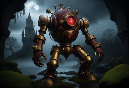 giant bipedal robot brass and dark red, bronze paisley robot. lacy robot metal. diving helmet head. outside of a steampunk keep. large detailed torso. dark image. one forty foot tall ancient robot with great arms and two heavy spring legs. dark foggy night background. $dark foggy night image only. dark photo realistic image. steampunk details. cogs, chains and pipes incorporated in the fantasy buildings. magic wizards tower in background. Dark swamp, moss, castle ruins, wizards tower. stormy dark night.  stormy sky.