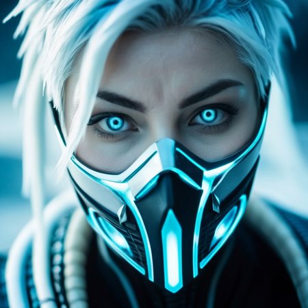 cinematic film still of  <lora:Frost Mortal Kombat:1>
Frost Mortal Kombat a pale white cold skin woman with an ice frost hair and frost eyes in a futuristic outfit with a ninja mask and a ninja costume, shallow depth of field, vignette, highly detailed, high budget, bokeh, cinemascope, moody, epic, gorgeous, film grain, grainy