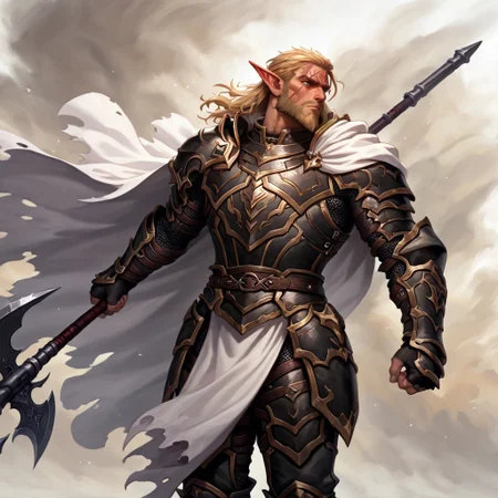 masterpiece, best quality, newest, absurdres, highres, 
D3-ART-V1.0, 
1boy, manly, elf, beard, muscular male, blonde, blonde hair, pointy ears, scar, scar on face, armor, cape, chestplate, chest armor, black armor, black leather, white cape,
dynamic pose, polearm, holding polearm, holding weapon, weapon, halberd, holding halberd