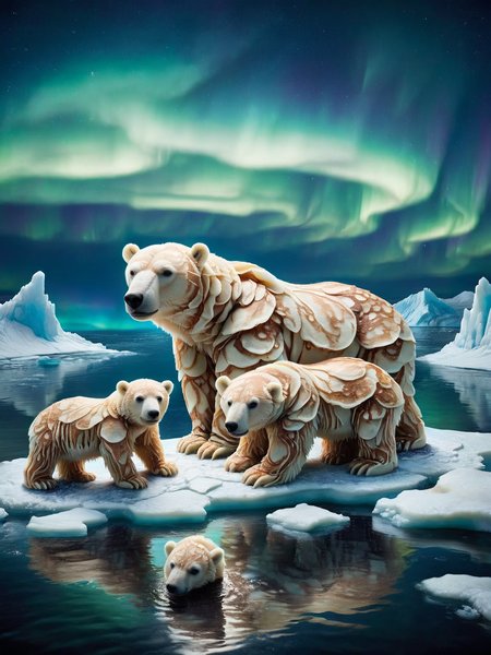 An ais-pncks polar bear and her cubs exploring a melting ice floe under the Northern Lights <lora:ais-pncks-sdxl:1>