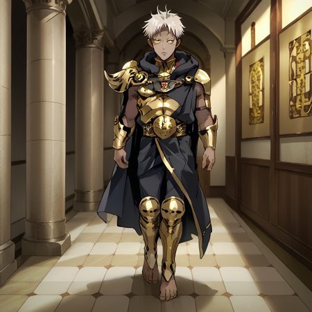 source_anime, anime screenshot, anime colouring, highly detailed, intricately detailed illustration,  Palace background, indoors, solo, 1male, Dark skin, white hair, yellow eyes, male focus, black cloak, black pants, barefoot, 5 toes, leg armor, gold leg armor, shin armor, shoeless leg armor, itadori yuuji, itadori_facial mark, standing, sideview