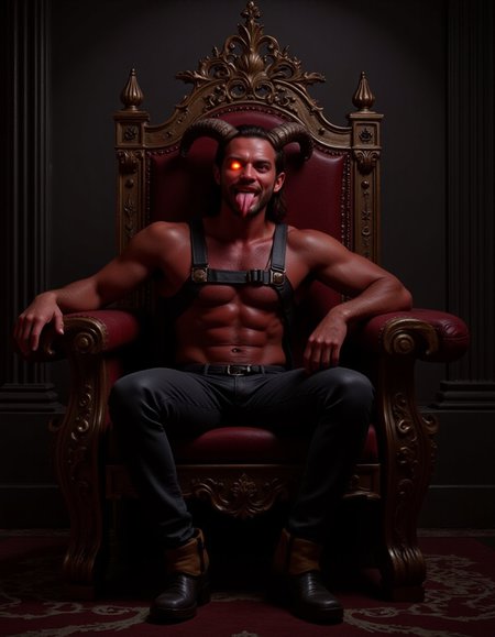 Pony_Flux_002, The image is a highly detailed, CGI-rendered digital artwork depicting a muscular, demonic figure seated in a grand, ornate throne. The figure, a male, has a menacing, muscular physique with a deep, crimson skin tone and a pair of large, curved horns protruding from his head. His face is a twisted, demonic visage with sharp teeth, glowing red eyes, and a forked tongue lolling out of his mouth.