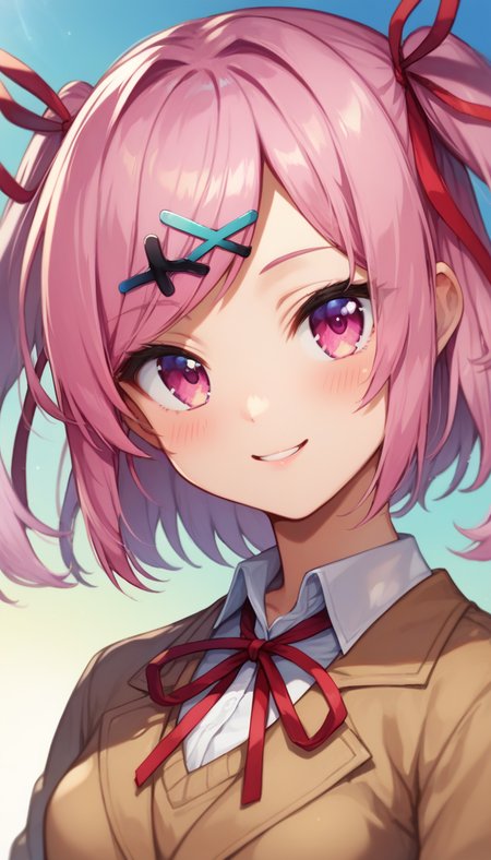 score_9,score_8_up,score_7_up,score_6_up BREAK official art,solo,outdoors,upper body,(portrait:1.5),looking at viewer,facing viewer,smile,blush,(petite:1.5),Natsuki,short hair,pink hair,two side up,x hair ornament,hair ribbon,red ribbon,hairclip,swept bangs,pink eyes,school uniform,brown jacket,blazer,wing collar,neck ribbon,red ribbon,brown sweater vest,white shirt,collared shirt,long sleeves,small breasts,skindentation,miniskirt,blue skirt,pleated skirt,white socks,uwabaki,white footwear,<lora:Natsuki(ddlc)-Pony:1.8>,