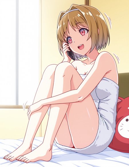 masterpiece,best quality,bus towel,cellphone,on the phone,full body,sitting with knees up,on bed,arm around own legs,smile,open mouth,motion lines,cushion,animal shaped cushion,, <lora:ksd4:1>
ksd,1girl,solo,red eyes,brown hair,short hair,white hairband,hair intakes,bangs