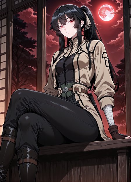 <lora:Jasmine_Flamesworth__The_Beginning_After_the_End__Illustrious:1>
1 girls, solo, red eyes, black hair, long hair, ponytail, bangs, hair between eyes, sidelocks, small breasts
brown jacket, greeb ribbon, fingerless gloves, long sleeves, black pants, black boots, bandages
(Anime_source),Masterpiece,(perfect female body:1.2), small waist,(incredibly detailed:1.4), slim, parted lips, looking at viewer, sitting, crossed legs, red moon, night, <lora:iLLMythG0thicL1nes:1>