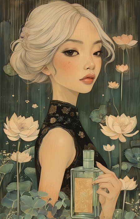 masterpiece,best quality,<lora:tbh280-sdxl:0.9>,illustration,style of Audrey Kawasaki
 A bottle of perfume in garden