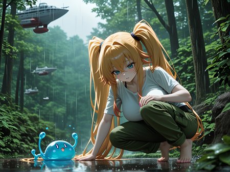ultra-detailed, cinematic composition, twintails, Ent / Treant, newest, Rias Gremory (hsDxD), masterpiece, hanging breasts, squatting provocatively, HDR, slime_(creature), Shipwright (Airships), best quality, in the style of ck-ps, rain, large breasts, very long hair, ambient occlusion, cargo_pants, very aesthetic, motion_lines:1.1, long-sleeved_t-shirt, dramatic lighting, nail_polish, Arctic blonde hair, absurdres, cat_ears, absolutely eye-catching, hiking_boots, depth of field, anime character, 1girl, 8K, Forest where sunlight solidifies into tangible beams., barefoot, pale skin, Pink Theme, motion_blur:1.1, amazing quality