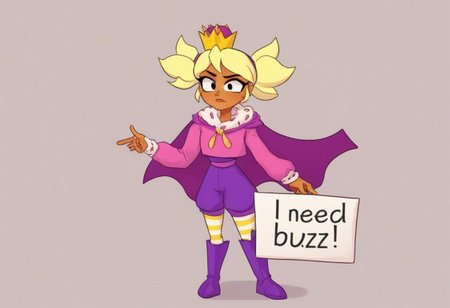 1 girl ,  bsmandy  ,dark-skinned female , blonde hair, short twintails, need_buzz, holding sign, crown , full body,  sbodysuit,  purple shorts  ,pink sweater, cape, yellow striped thighhighs,
