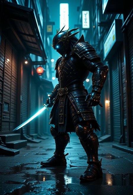 MurphFSF, samurai cyborg holding a sword in a cyberpunk city alley at night, high action pose, highly detailed, reflective armor, shadows