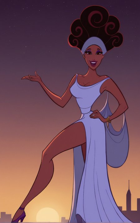 score_9, score_8_up, score_7_up, looking at viewer,  BREAK  
PurpleDress_Muse_Calliope_ownwaifu, 
1girl, afro, big hair, breasts, brown eyes, brown hair, curly hair, dark skin, dark-skinned female, eyeshadow, hair up, hairband, lips, long hair, makeup, very dark skin, lipstick, medium breasts, colored skin, 
purple dress,  purple headband, bare shoulders, cape, cleavage, sleeveless dress, strap slip, bracelet, long dress, off shoulder, side slit, long legs, narrow waist, 
(contrapposto, hand on hip), sunset, sidelighting, cityscape, outdoors, <lora:PONYXL_Hercules_Muse_Calliope_ownwaifu:1> , depth of field, solo,