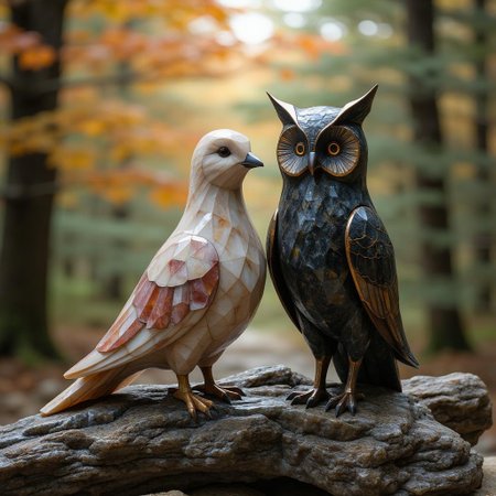 <lora:ck-polygon-gems-0019.safetensors:1> a crafted gemstone model in the style of cklg featuring a
In the heart of a misty, autumn forest, the air is thick with the scent of damp earth and decaying leaves. Here, two exquisitely crafted anthropomorphic bird-statues sit side by side on a gnarled, fallen log. The dove, with its soft, beige and brown feathers, is a masterpiece of stained glass, each feather a delicate pane of translucent amethyst and ruby pink. The owl, a regal figure with dark, speckled plumage, is hewn from ornate metalwork, its form adorned with intricate geometric and floral patterns that shimmer in the dappled light.
The forest around them is a symphony of autumnal hues, the trees decked in leaves of orange and gold, their branches reaching upwards as if to touch the sky. The soft, backlit leaves create a halo of light, casting a gentle glow that bathes the statues in an ethereal ambiance. The fallen log beneath them, though worn by time, is a testament to the forest’s ancient beauty, its surface etched with the patterns of nature.
The的整体氛围温暖而神秘，仿佛在这片森林中，时间凝固，每一个细节都蕴含着手工艺的精湛和艺术的传承。这张24x36英寸的摄影作品，不仅适合现代和质朴的室内装饰，更是一幅捕捉了自然之美与奇幻之境的杰作，让人在宁静中感受到一丝魔法。