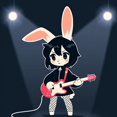 masterpiece,high score,great score,absurdres,fabulosity style,best quality, flat color, no lineart, no outline, chibi,aged down,petite,shortstack,solo,bunny girl, animal ears, rabbit ears, tail,Anthro Rabbit, 1girl, solo, black hair, goth, fishnet, electric guitar, holding guitar, black skirt, black jacket, wind,kemono,furry, blurry background, depth of field,spotlight, stage, stage lights, <lora:something_cute:1>