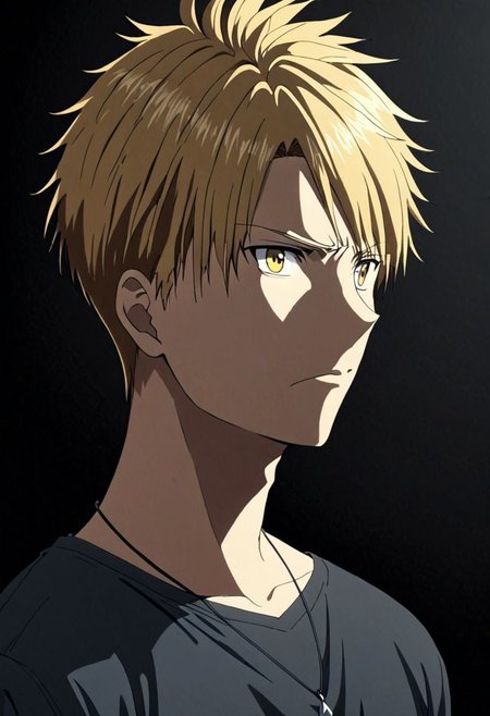 high resolution, solo, best quality, 1Boy, Yamato Ishida, Blond Hair, Necklace, potrait, dark shirt, looking at viewer, focused gaze forward, simple background, straight body, upper body, head upright, jealousy, OverallDetail