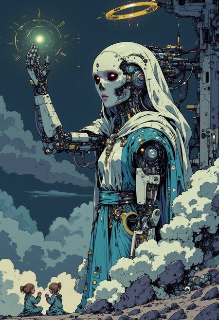 in the style of cksc, studio anime art, detailed ink sketch, high quality digital illustration.  A cybernetic Virgin Mary floats against a backdrop of dark, stormy clouds, illuminated by a soft, ethereal light. Her face, half-covered by a silver helmet with intricate filigree, contrasts the gentle human features with stark mechanical components. Her left arm is entirely cybernetic, with exposed wiring and a polished chrome finish, resembling a delicate exoskeleton. The right side of her body is wrapped in flowing blue and white silk robes, interlaced with glowing cables and circuitry. Her halo, instead of a simple golden disk, features rotating digital symbols and holographic icons. At her feet, small robotic cherubs kneel, their tiny mechanical hands clasped in prayer. The entire scene is a blend of medieval iconography with a cyberpunk aesthetic, creating a striking juxtaposition of the sacred and the technological. The art style is highly detailed, in the vein of futurist anime, capturing the beauty of the cyborg girl and the mechanical complexity of her exposed skull.
