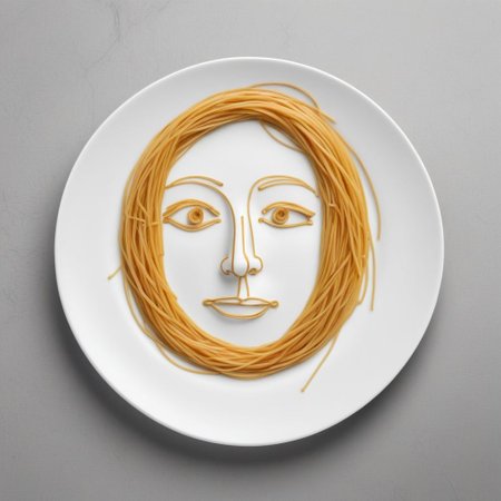 from above, minimalist, empty dinner plate, line drawing of a face made using strings of spaghetti, masterpiece, best quality, ultra realistic,32k,RAW photo,detail skin, 8k uhd,high quality, ,