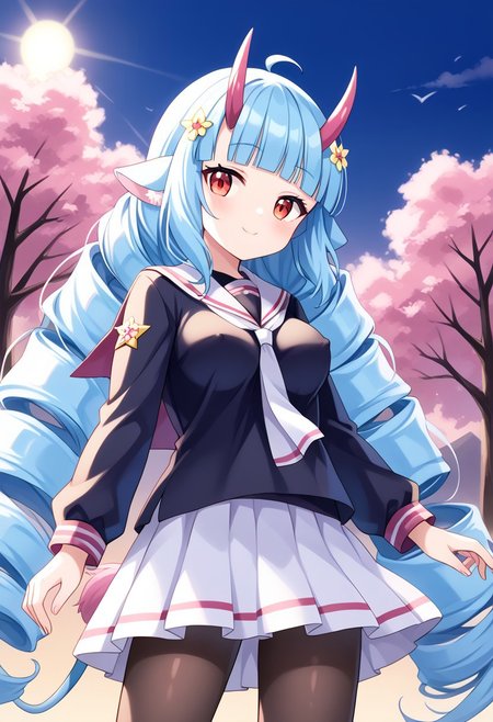 score_9, score_8_up, score_7_up, score_6_up, score_5_up, score_4_up, epic-Ultra-HD-details, epic-Ultra-HD-highlights, 2.5D-upscaled-resolution, source_anime, digital-quality, semi-realism, physically-realistic, lit, cutesie,
afrobullstyle, 
BREAK source_anime, anime, best quality, masterpiece, rating_safe, uncensored, High quality, 8k, Ultra, 
BREAK (outdoors,Forest, trees, rocks, mountains, blue sky, sun, cumulonimbus clouds),
BREAK  1girl, delmin_(show_by_rock!!),very long hair,drill hair,blue hair,twin drills,blunt bangs,red eyes,horns,animal ears,hair ornament,tail,pantyhose,
ct_c4ptor,black serafuku, white necktie, white sailor collar, white skirt, mini skirt,
BREAK ((cowboy shot)),(standing),(from below),(((from front))),
busty breasts,（large breasts:1.2), ,(thick thighs,:1,2),standard height,(((absurdly long hair:1.2))),
looking at viewer,smile,blush,((erect nipples)),