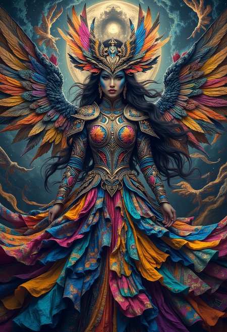 a female warrior. The ghost behind her. unrealistic.. strange world, colorful, psychedelic, 
best quality, sharp focus, high contrast, stylized, dark, clear, surreal, ultra quality, 8k, best quality, vivid color, masterpiece, max details, midjourneyv6.1, from below, from the front, midjourney_whisper_avant_couture, detailed