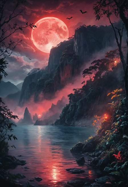 Its night time. A full moon reflects on the water below. Dark cliffs, red moon, red hue, mist, mountains at the shore, a flock of bats fly above the water, a rich and complex image of nature, a vibrant tissue of hues and textures captured digitally, best quality, double exposure, realistic, captivating, fantastical, splash art, intricately detailed, hyper detailed, maximalist style, photorealistic, concept art, sharp focus, harmony, serenity, calm, mysterious glow, dynamic lighting, masterpiece, superb composition, finest details, highest aesthetics, strong muted highlighter of fantastical jungle,  mystical glow, best quality, sharp focus, high contrast, stylized, clear, colorful, ultra quality, 8k, best quality, masterpiece,midjourneyv6.1