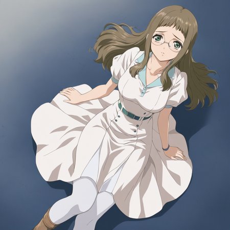 masterpiece,1girl,solo,looking at viewer,<lora:Rie_Ishida ag4o v1:1> rie_ishida, brown hair, long hair, green eyes, glasses,white dress,white pantyhose,
