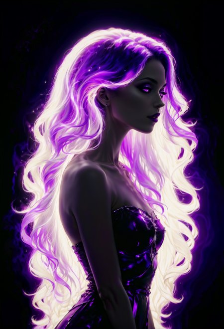 a pitch black setting with a silhoutte of a beautiful long haired woman lit up by a purple hue, magical, silhouette, purple theme, abstract, purple neon, beautiful, perfect anatomy, reflection, retraction, ephemeral, purple flame hair  <lora:sdxl\add-detail-xl> <lora:sdxl\xl_more_art-full_v1> <lora:sdxl\zavy-hrglw-sdxl:0.35>, zavy-hrglw, neon purple hair