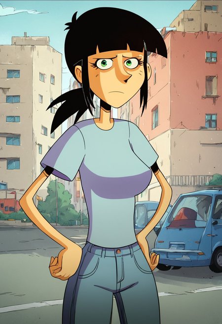 score_9, score_8_up, score_7_up, 1girl, Solo, Sarah_TADL, light skin, green eyes, black hair, straight fringe, low ponytail hairstyle, light blue short-sleeve T-shirt, tight blue jeans, black shoes, medium breasts, narrow waist, wide hips, looking at viewer, highres, high quality, masterpiece, standing, hands on hips, perfect eyes
