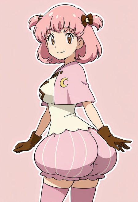 masterpiece, best quality, solo, curvy, beautiful eyes, narrow waist, large breasts, 1girl, solo, smile, looking at viewer,    zzMomo, brown eyes, short hair, pink hair, hair bow, two side up, hair ornament, hair ribbon,  capelet, white shirt, brown gloves, puffy shorts, pink thighhighs, zettai ryouiki,  ,<lora:MomoByKurumiErika_IXL:1.0>,  side view, ass, leaning forward, cowboy shot, smile, looking at viewer, shiny skin,