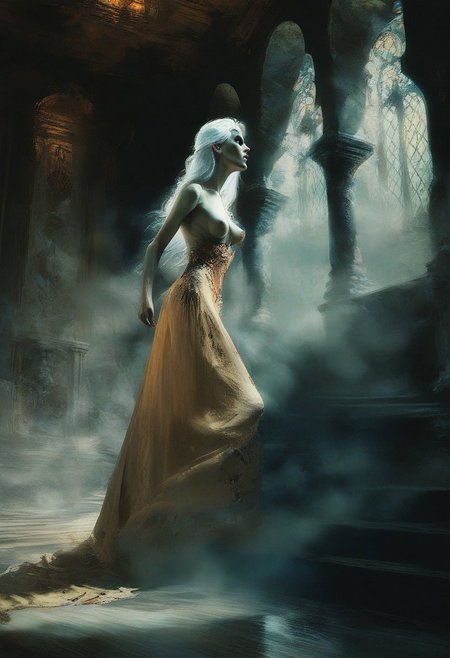 safe_pos, score_9, score_8_up, score_7_up, score_6_up, high detail, newest, fantasy, action shot, noticeable noise in dark areas, dynamic angle, full body shot, focus on face, scary BREAK 1girl, undead woman, Skull and bone, long straight hair, white hair, white eyes, thin body, medium saggy breasts, breasts covered dress, pale skin, scars, medieval dress, torn dress BREAK indoors, dark, fog, dim white light, back lighting