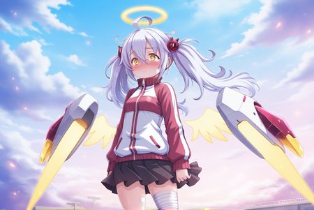 konndouchiru,1girl,solo,track jacket,twintails,jacket,halo,wings,hair ornament,skirt,yellow eyes,bandages,sky,blush,ahoge,cloud,<lora:konndouchiru:0.8>,, masterpiece,best quality,amazing quality,