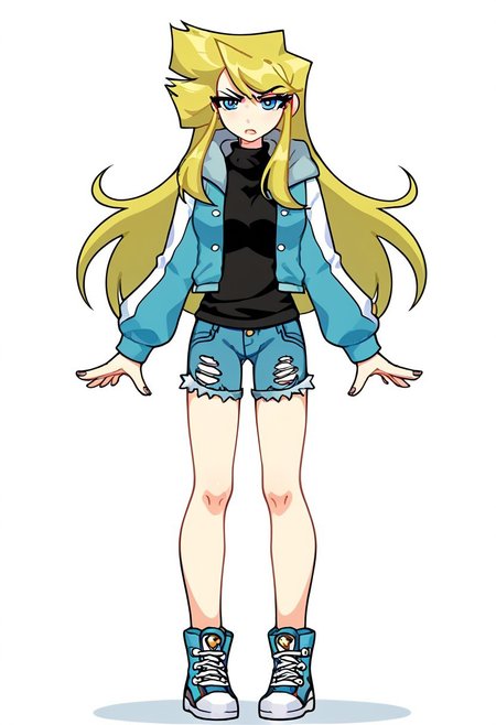 score_9, score_8_up, score_7_up, artist:Synnibear03, anime_source, absurdres, best quality, amazing quality, perfect quality, detailed hands, detailed face, very aesthetic, masterpiece, Synnibear03, solo, 1girl, human, blonde hair, long hair, looking at viewer, hoody, full body, jacket, synni, brat, bratty, annoyed, cutoffs, bootyshorts, adult, medium breasts,