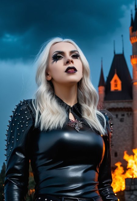 (Confident, strength, perky breasts, lips, long  white hair, gothic:1.2), Stunning female model. black leather pants. Spiked pauldrons. Gothic face paint. Standing in front of a gothic castle. Pyrotechnics in the background, bursts of flame . (((Screaming at the viewer))). Looking at viewer. Wet look hair. Studio quality dynamic lighting, portrait photography. 8k, RAW photo, best quality, ultra high res, intricate, photorealistic, masterpiece, ultra-detailed, crisp.